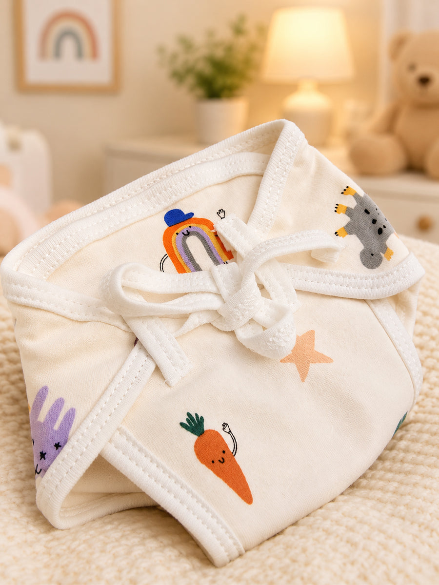 Ziva 3 Piece Nappy – Baby Boy | Premium Adjustable Tie Nappy | Knitted Cotton | Lightly Padded Attached Insert | Assorted White & Off-White Prints (Print Details: Check Product Description)