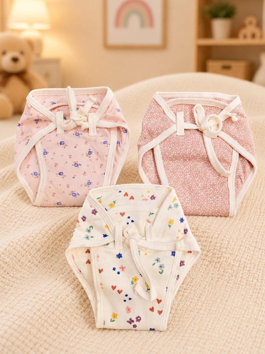 Ziva 3 Piece Nappy – Baby Girl | Premium Adjustable Tie Nappy | Knitted Cotton | Lightly Padded Attached Insert | Assorted Pink & Off-White Prints (Print Details: Check Product Description)