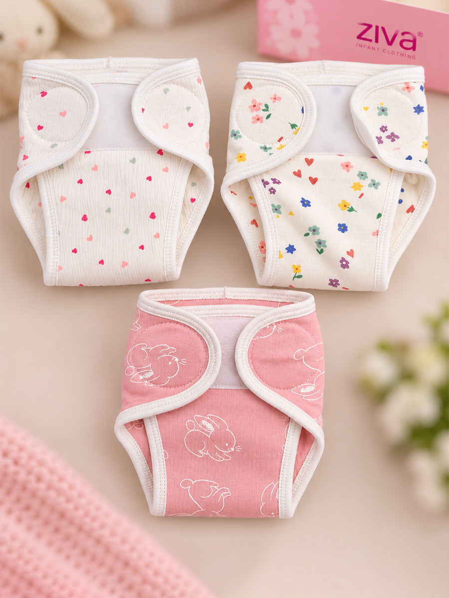 Ziva 3 Piece Velcro Nappy – Baby Girl | Premium Knitted Cotton | Lightly Padded Attached Insert | Assorted Off-White, White & Pink Prints