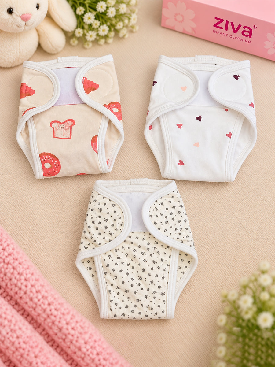Ziva 3 Piece Velcro Nappy – Unisex | Premium Knitted Cotton | Lightly Padded Attached Insert | Assorted Beige, White & Off-White Prints