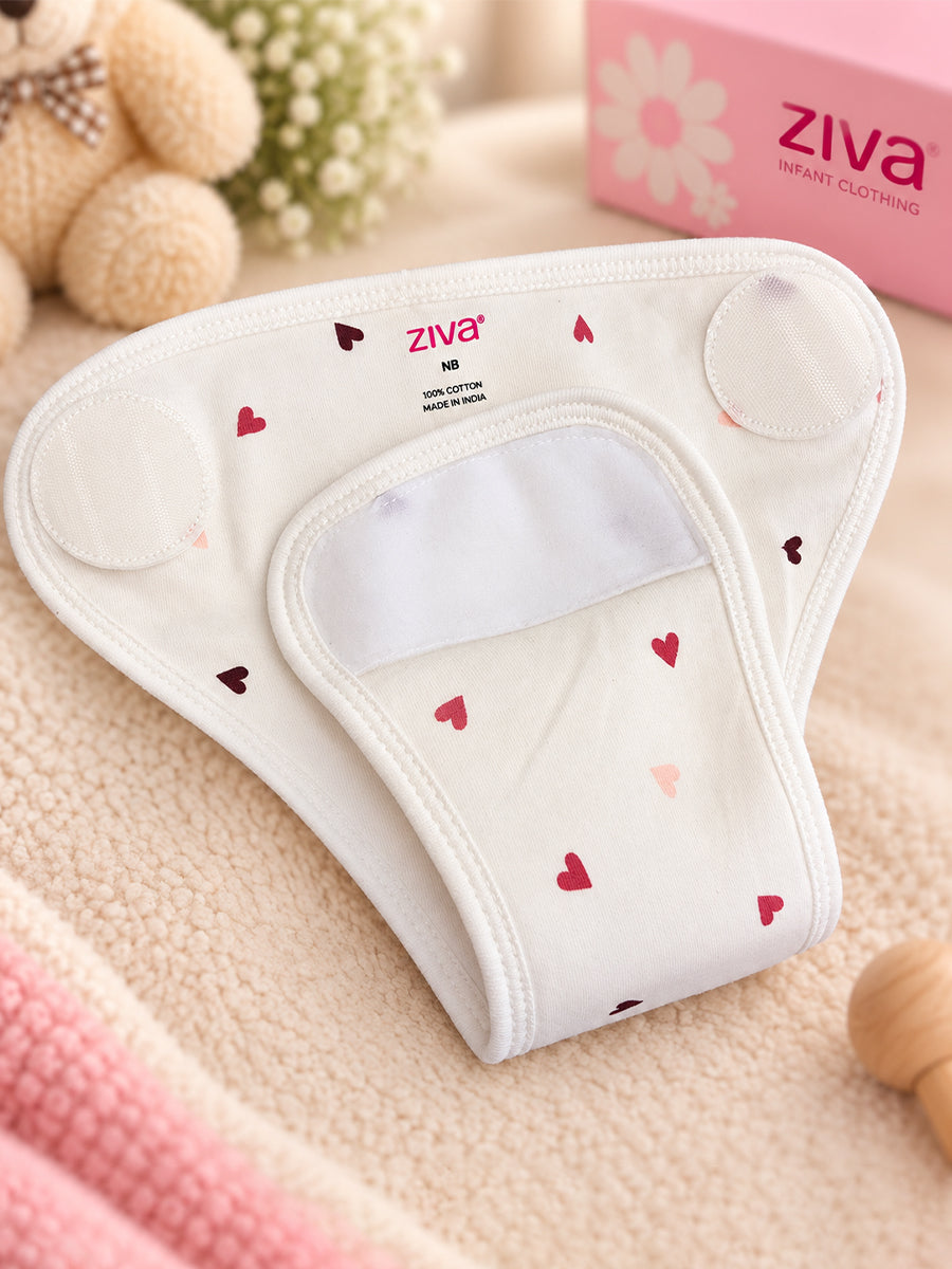Ziva 3 Piece Velcro Nappy – Unisex | Premium Knitted Cotton | Lightly Padded Attached Insert | Assorted White, Off-White & Beige Prints