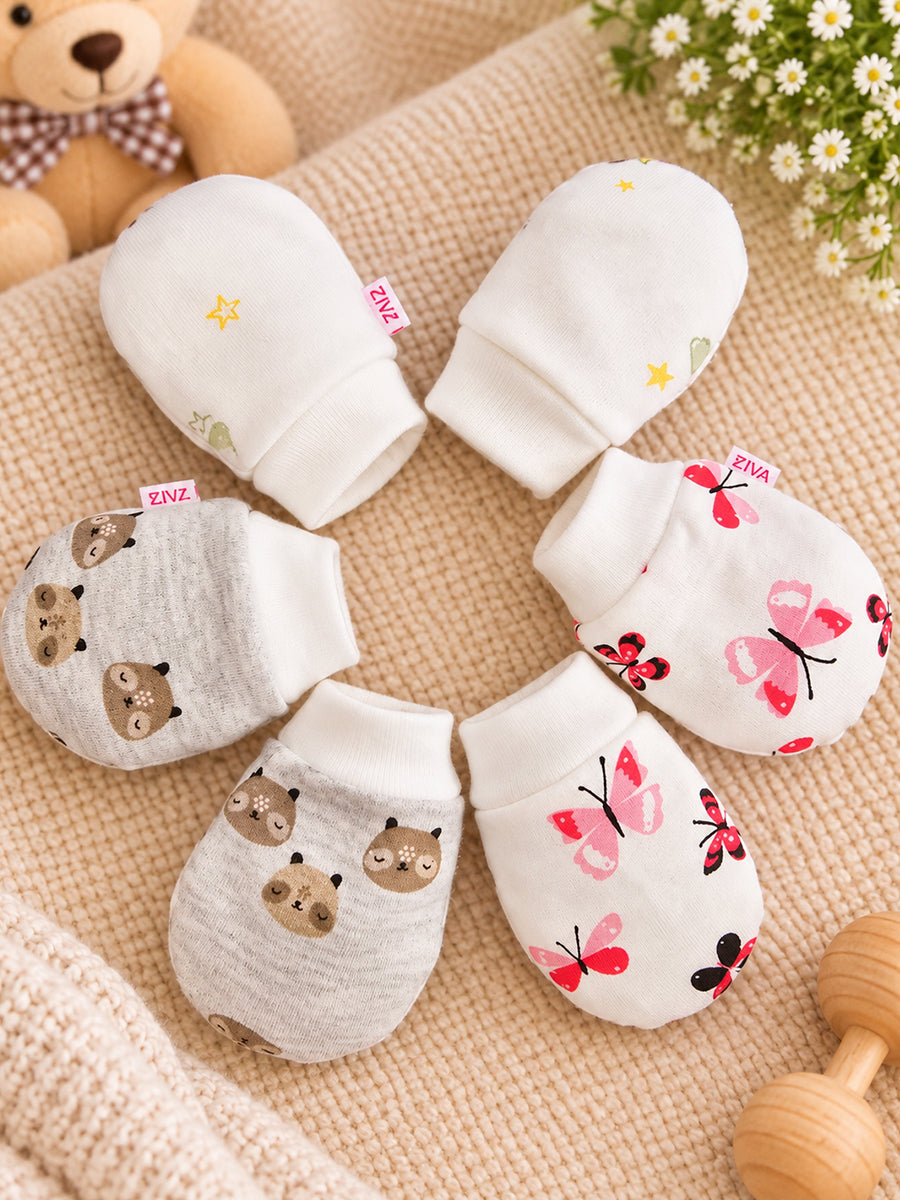 Ziva Premium Baby Mittens – Pack of 3 Pairs | Knitted Cotton | Assorted Unisex Prints – Star, Butterfly & Teddy Theme (Print & Colour Details: Check Product Description)