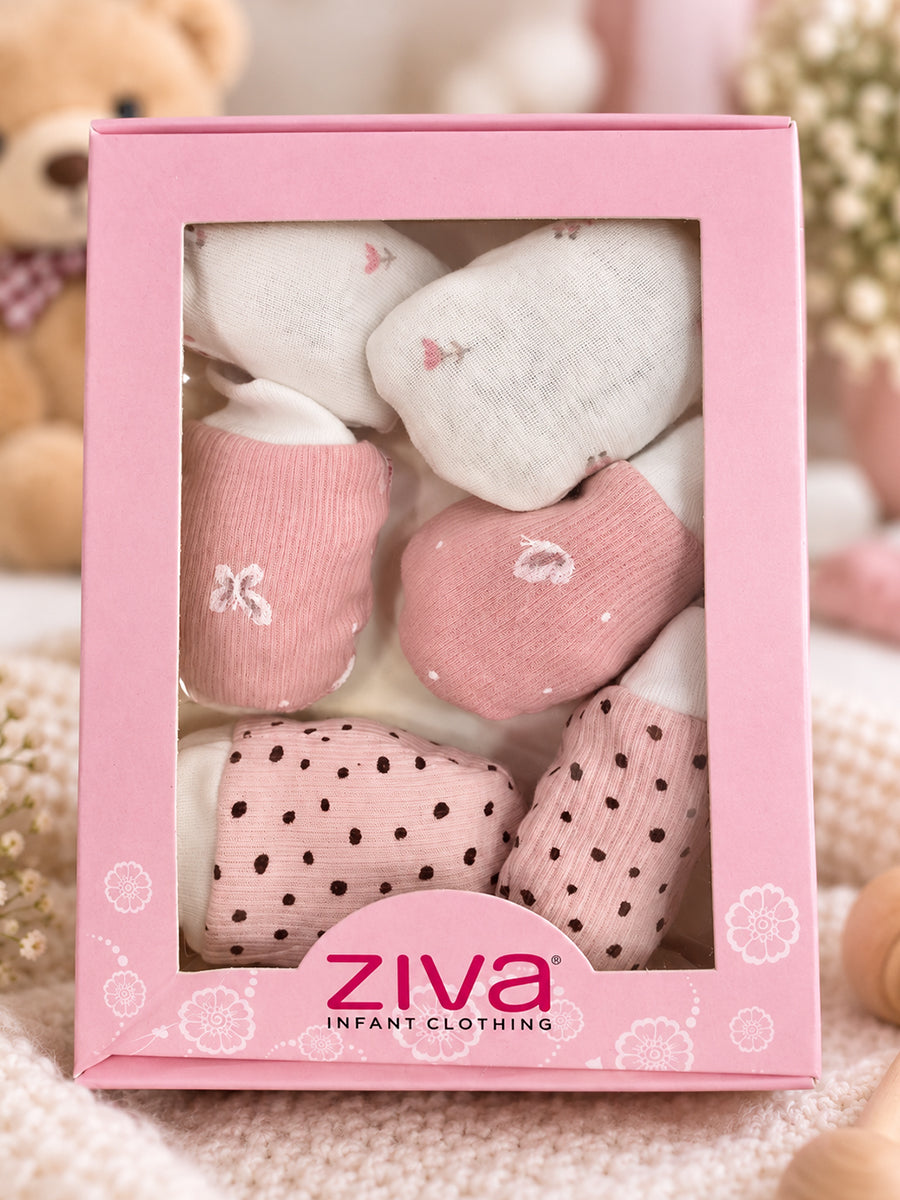 Ziva Premium Baby Mittens – Pack of 3 Pairs | Knitted Cotton | Assorted Baby Girl Prints – Bunny, Teddy & Polka Dot Theme (Print & Colour Details: Check Product Description)