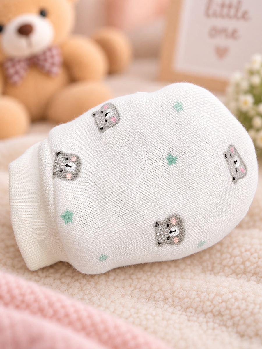Ziva Premium Baby Mittens – Pack of 3 Pairs | Knitted Cotton | Assorted Baby Girl Prints – Character, Teddy & Bow Theme (Print & Colour Details: Check Product Description)