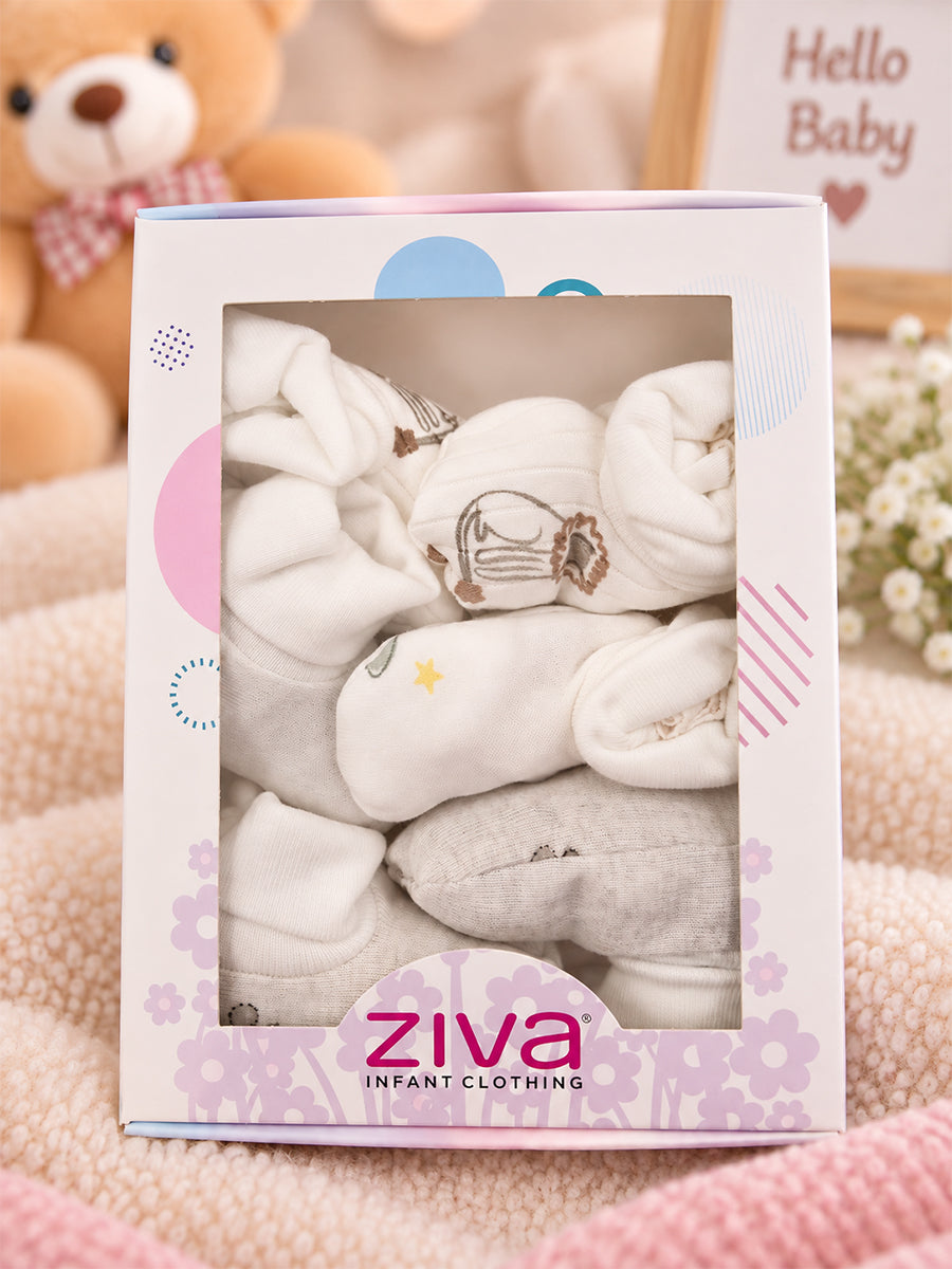 Ziva Premium Baby Booties – Pack of 3 Pairs | Knitted Cotton | Assorted Unisex Prints – Little Animal, Cloud-Star & Lion Theme(Print & Colour Details: Check Product Description)