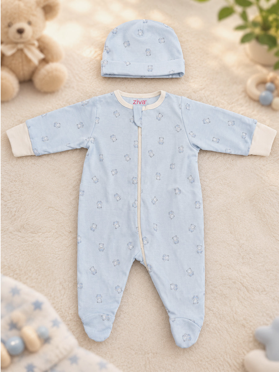 Ziva Baby Sleepsuit with Cap – Powder Blue Tiny Teddy Print | Premium Knitted Cotton | Front Zip | Fold-Over Mittens & Integrated Booties