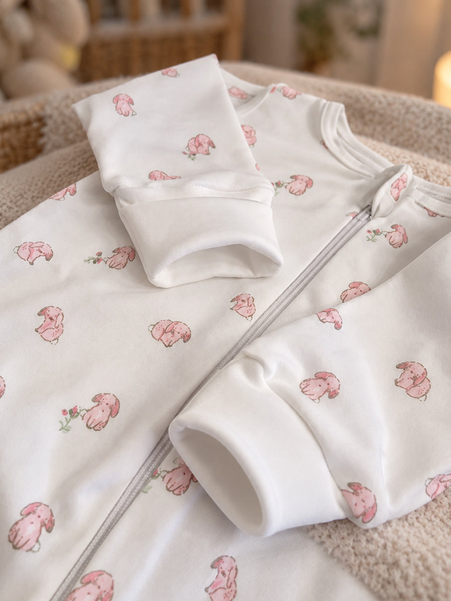 Ziva Baby Sleepsuit with Cap – Off White Tiny Bunny Print | Premium Knitted Cotton | Front Zip | Fold-Over Mittens & Integrated Booties