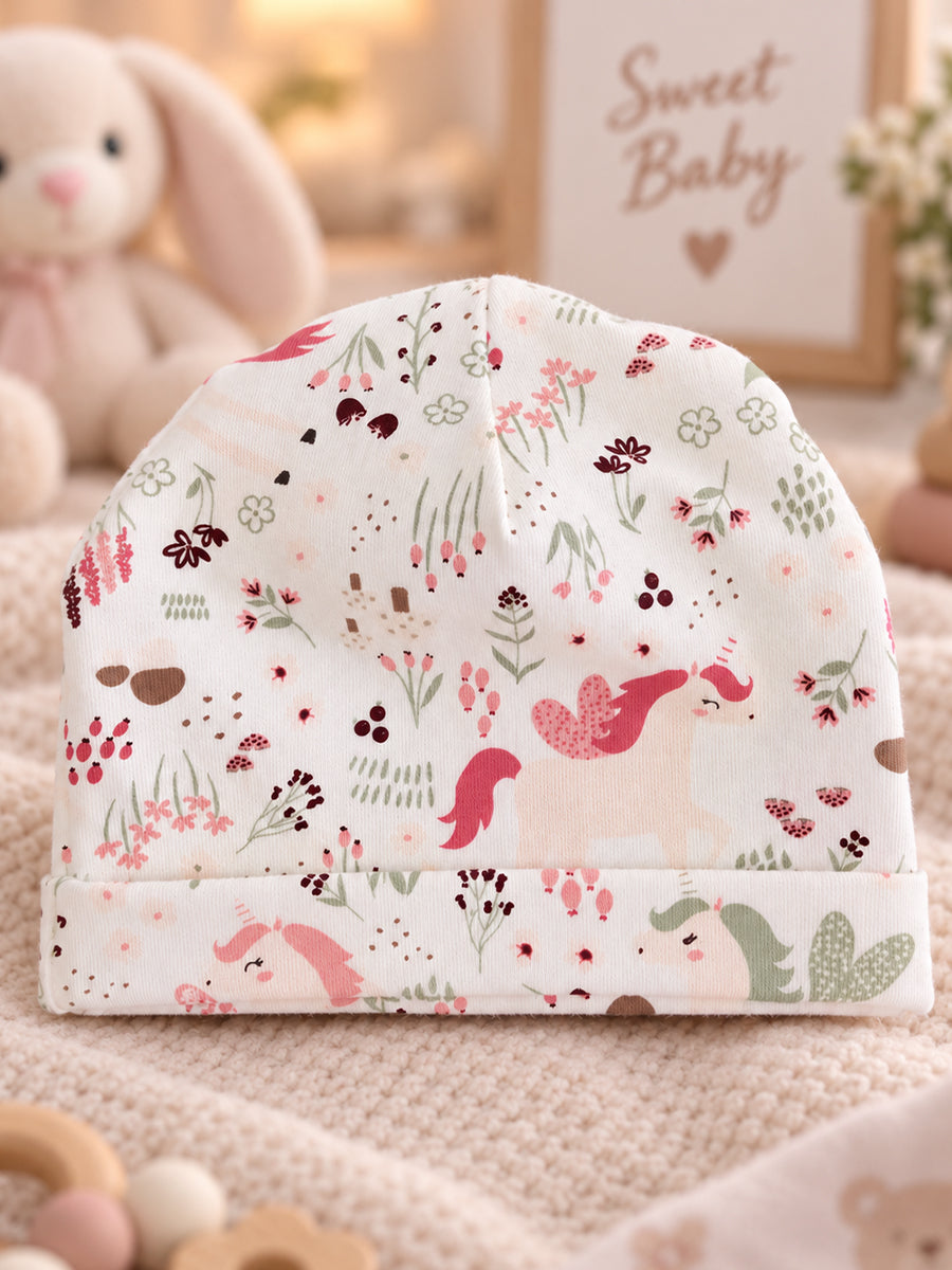 Ziva Baby Sleepsuit with Cap – Off White Unicorn Garden Print | Premium Knitted Cotton | Front Zip | Fold-Over Mittens & Integrated Booties