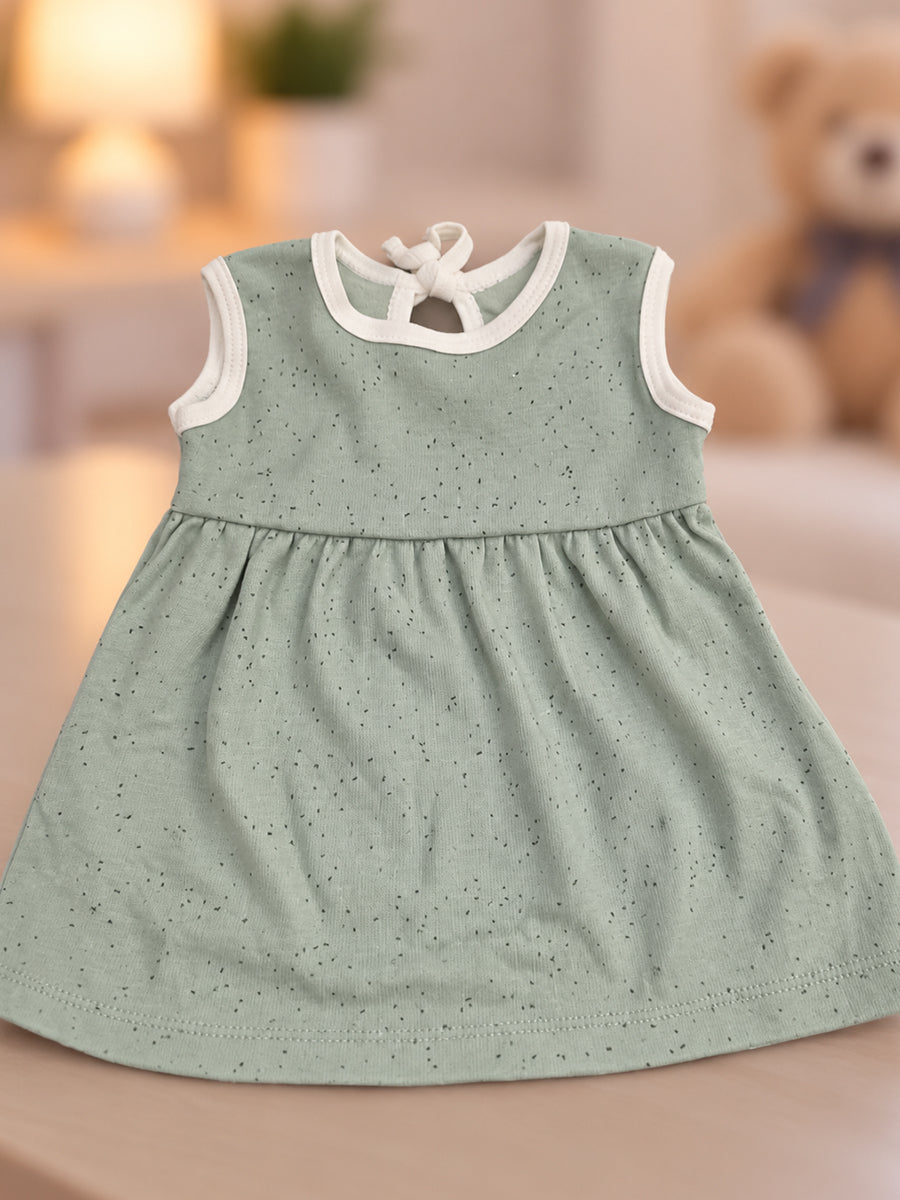 Ziva Baby Girl Frock with Pantie – Sage Green Speckled Print | Premium Knitted Cotton | Back Adjustable Tie | 2-Piece Set