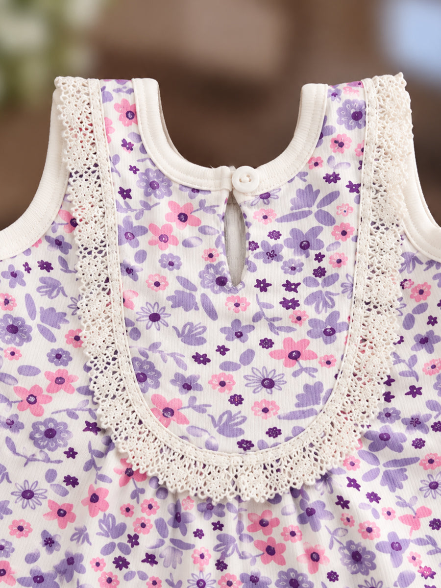 Ziva Baby Girl Frock with Pantie – Lavender & Pink Floral Print | Premium Knitted Cotton | White Lace Yoke | 2-Piece Set