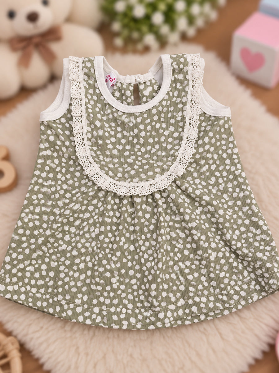 Ziva Baby Girl Frock with Pantie – Olive Sage White Dot Print | Premium Knitted Cotton | White Lace Yoke | 2-Piece Set