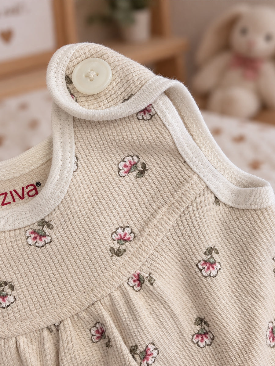 Ziva Baby Girl Frock with Pantie – Soft Cream Tiny Blossom Print | Premium Knitted Cotton | Shoulder Buttons & Front Pockets | 2-Piece Set