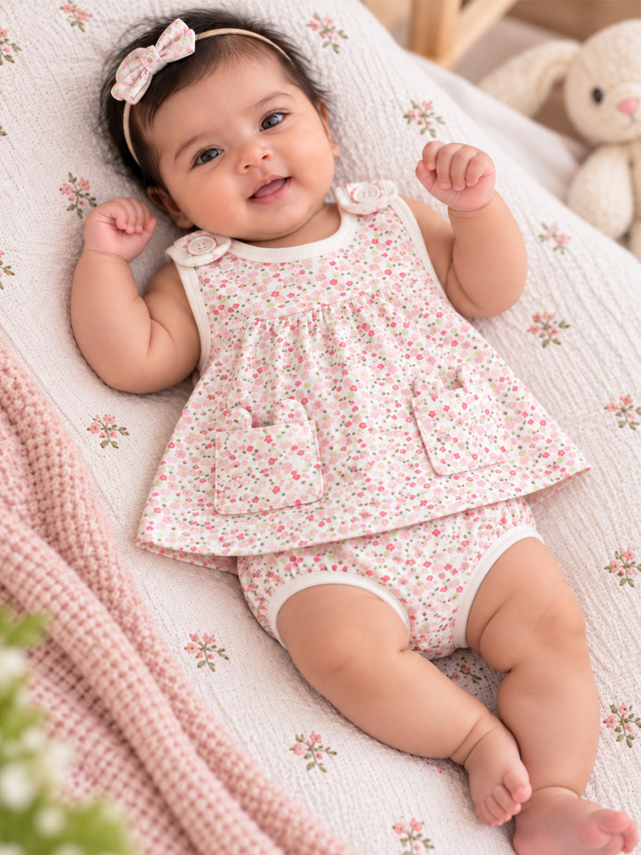 Ziva Baby Girl Frock with Pantie – Soft Cream Tiny Pink Floral Print | Premium Knitted Cotton | Shoulder Buttons & Front Pockets | 2-Piece Set
