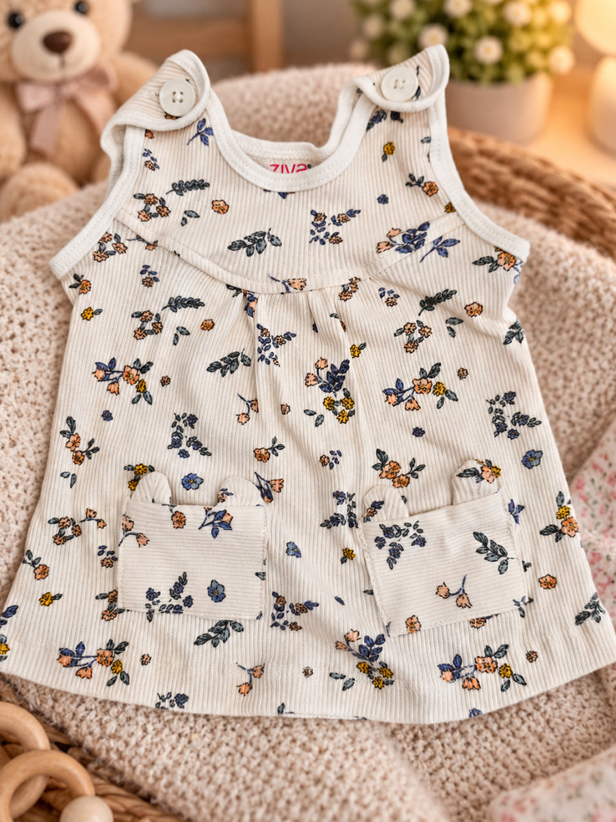 Ziva Baby Girl Frock with Pantie – Soft Cream Blue & Peach Floral Print | Premium Knitted Cotton | Shoulder Buttons & Front Pockets | 2-Piece Set