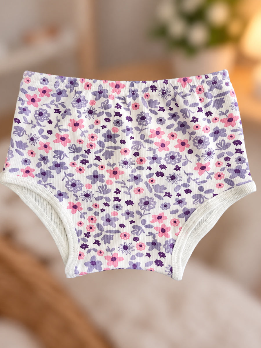 Ziva Baby Girl Frock with Pantie – Soft Cream Lavender & Pink Floral Print | Premium Knitted Cotton | Shoulder Buttons & Front Pockets | 2-Piece Set