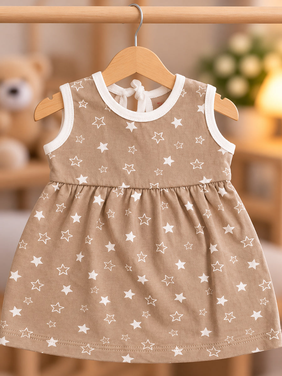 Ziva Baby Girl Frock with Pantie – Warm Taupe White Star Print | Premium Knitted Cotton | Back Knot Tie | 2-Piece Set