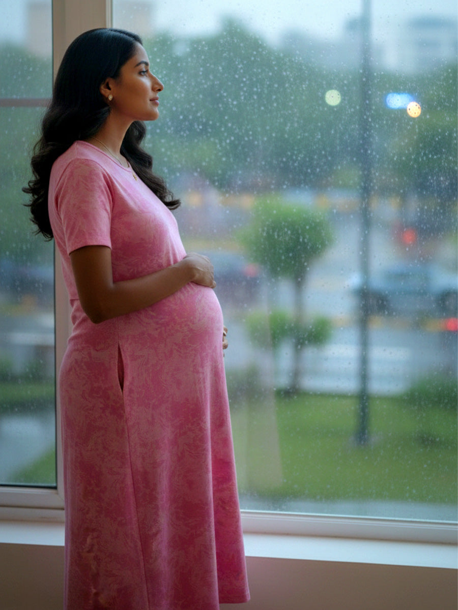 Zipless Maternity & Feeding Dress – Pink Marble Print with Adjustable Tie and Side Pocket | Ziva
