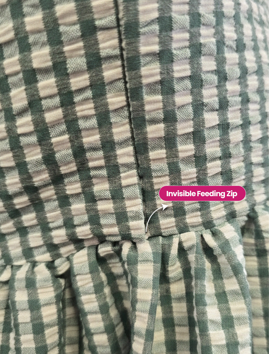 Trendy Maternity & Feeding Dress – Green & Off-White Gingham (Seersucker Fabric)