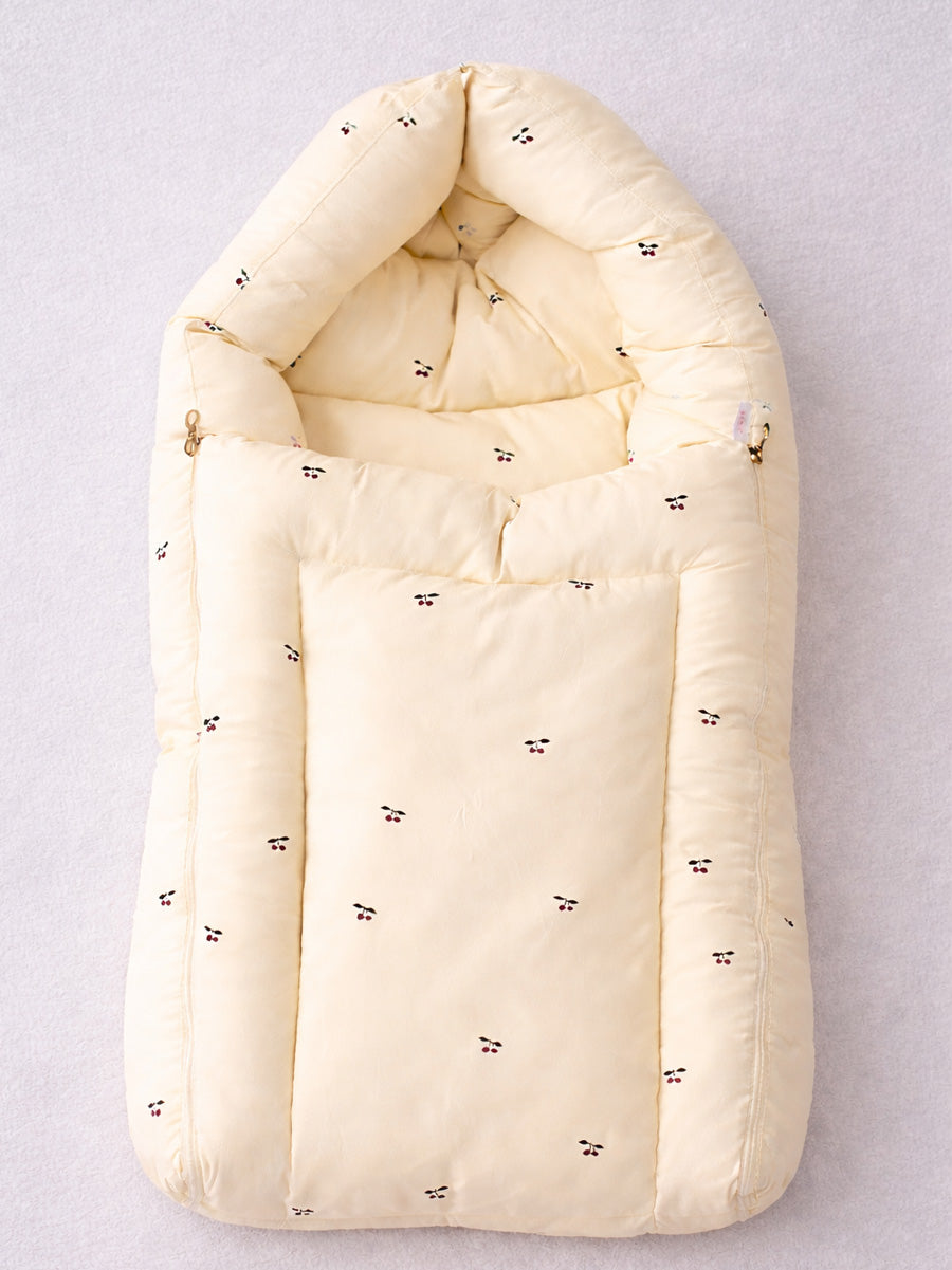 Ziva 3-in-1 Baby Bed – Carry Nest cum Sleeping Bag (Cherry Print, Cream | Organic Cotton Fabric)