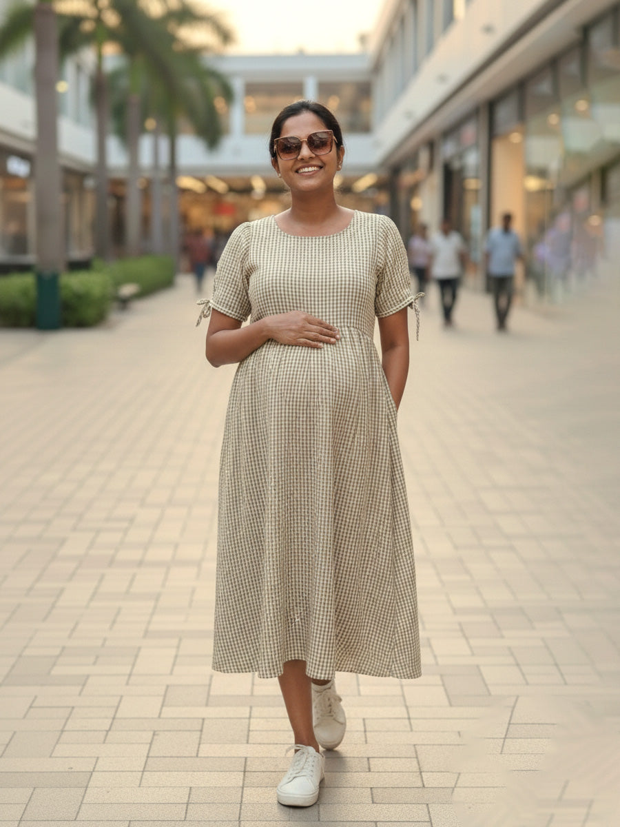 Light Yellowish Brown Gingham Cotton Blend Nursing Midi Dress with Side Zips & Pockets