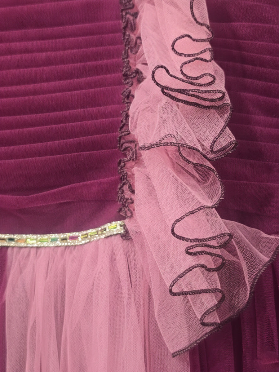 Wine & Pink Shaded Baby Shower & Photoshoot Gown with Pleated Yoke and Flowing Net Skirt