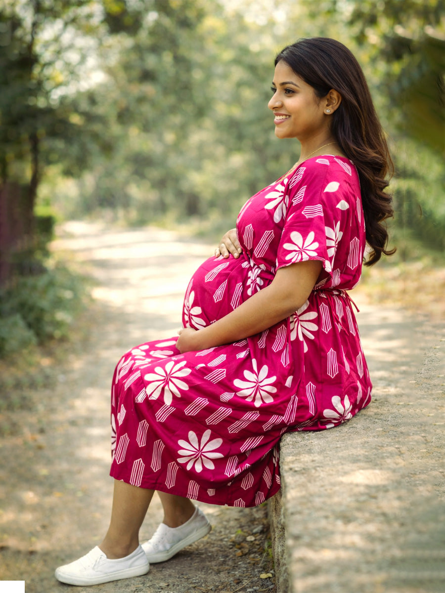 Ziva Rani Pink Floral Maternity & Feeding Kaftan | Premium Comfort