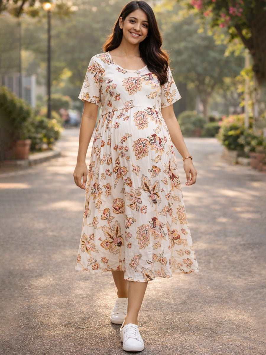 Ziva Zipless Maternity & Feeding Gathered Dress – Off-White Floral Paisley