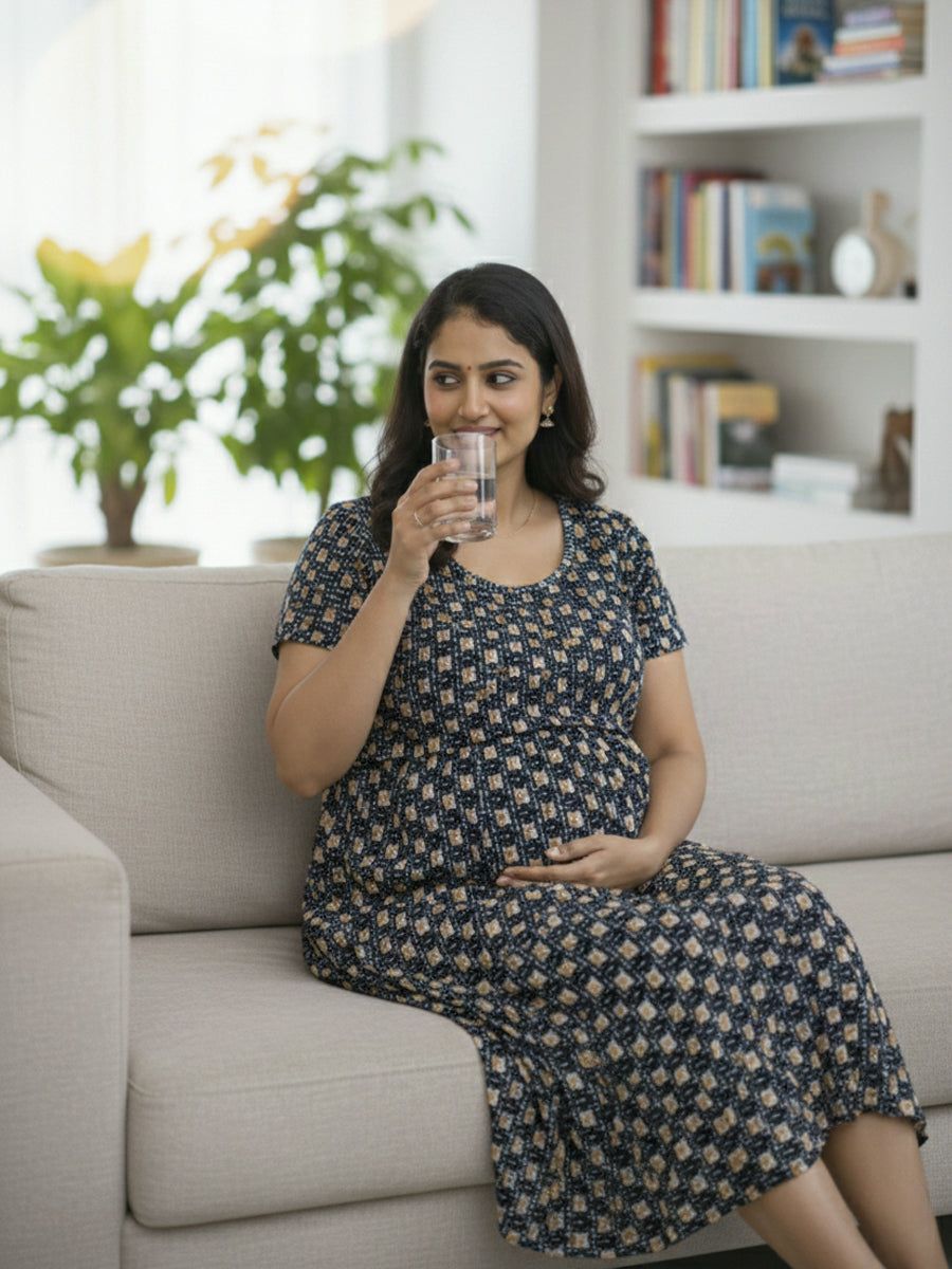 Ziva Light Cream Abstract Print (Black, Mustard Beige & Grey Blue) Zipless Gathers Nursing Maternity & Nursing Dress