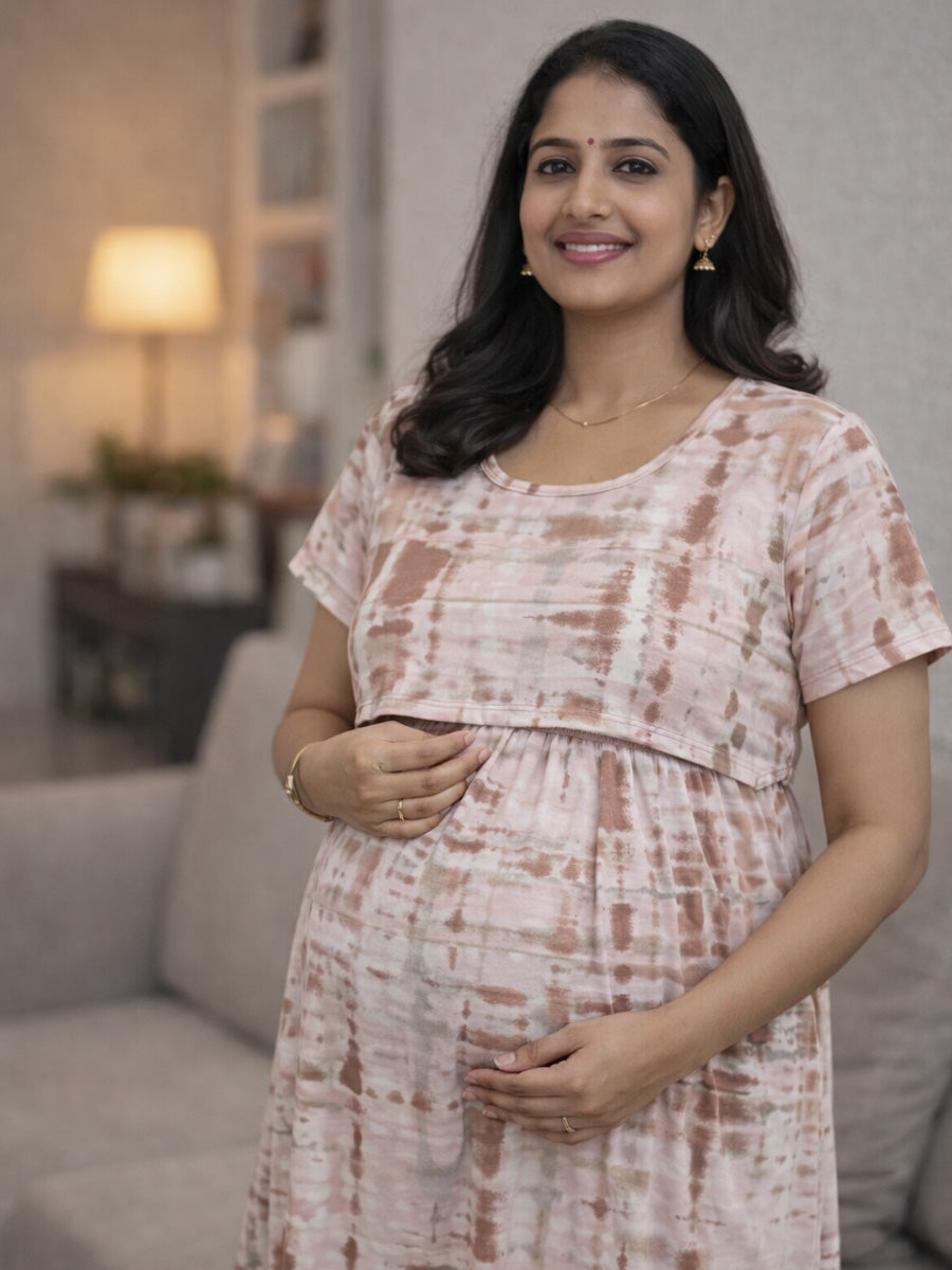 Light Pink Tie-Dye Zipless Maternity & Nursing Gathered Dress – Adjustable Waist Tie with Pocket