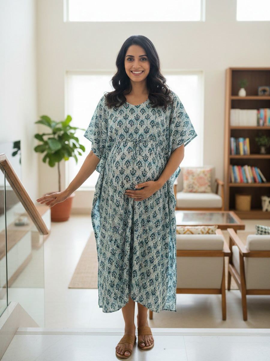 Pine Green Block Print Premium Maternity and Nursing Kaftan | Ziva