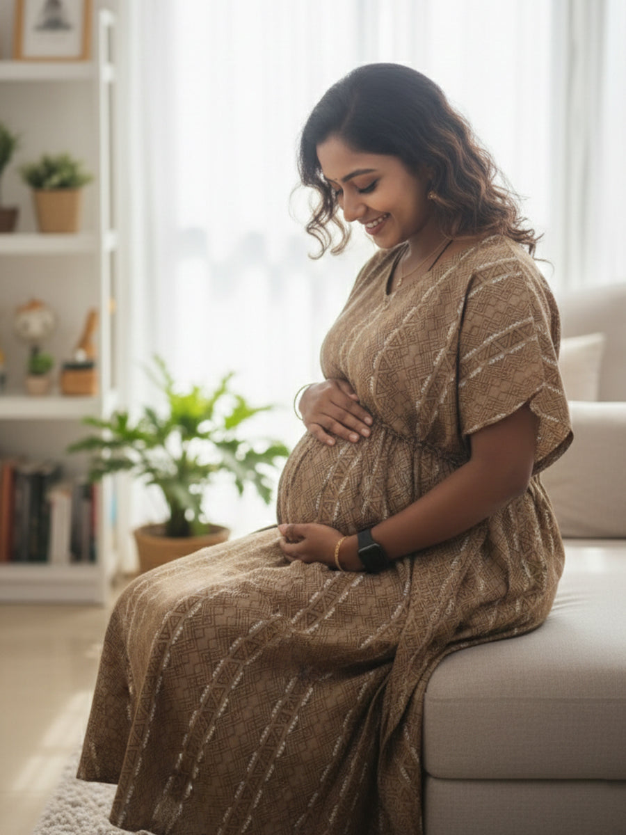 Golden Brown Chevron Premium Maternity & Nursing Kaftan | Ziva