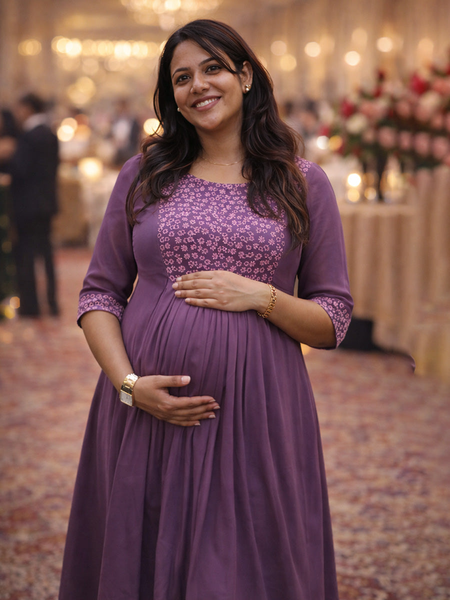 ZIVA Maternity & Feeding Elegant Purple Party Wear Dress with Pleated Yoke & D-Net Sleeves