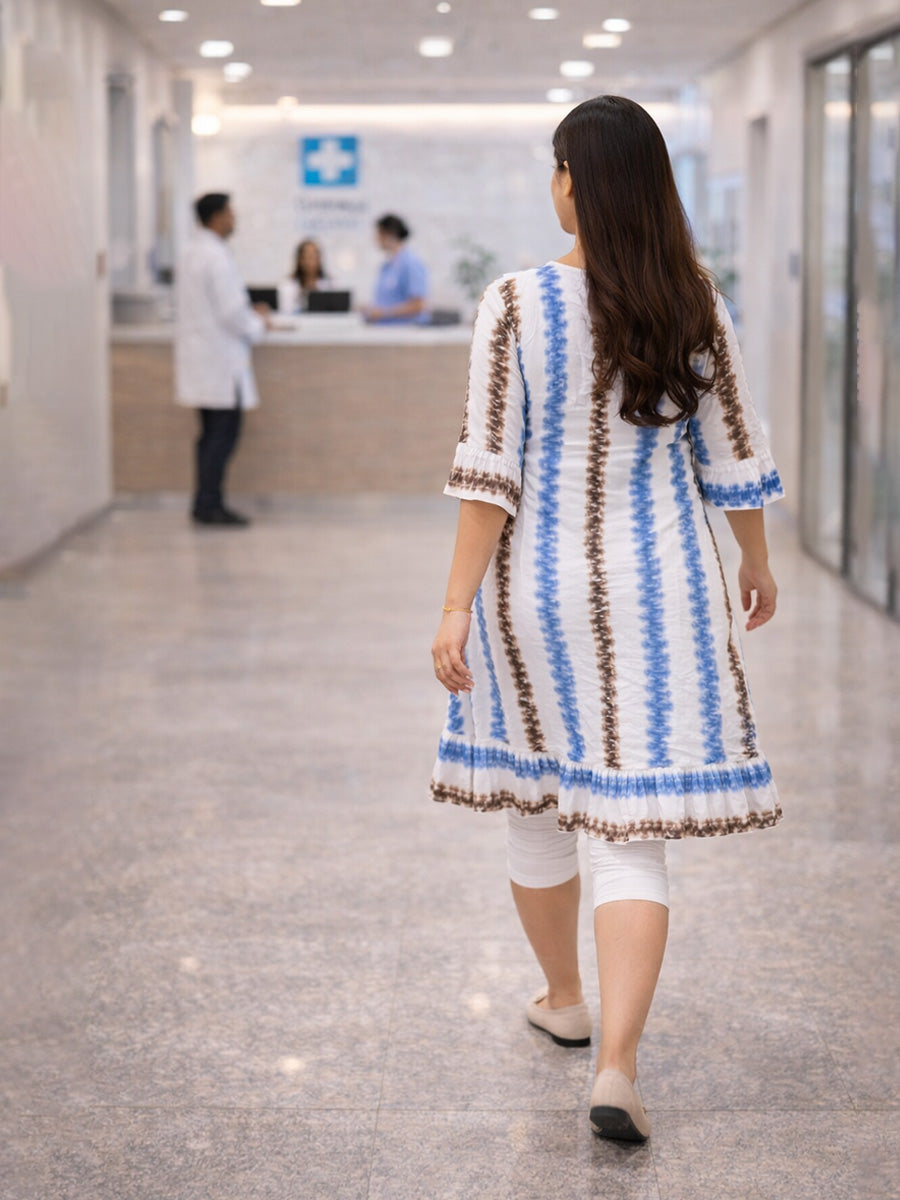 ZIVA White Tie-Dye Rayon Maternity & Feeding Knee-Length Dress with Potli Button Yoke