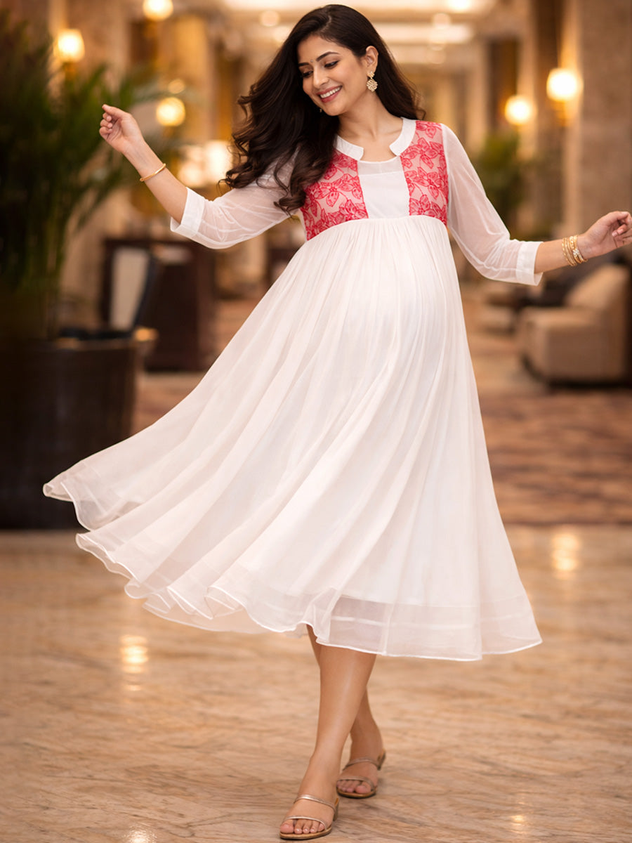 ZIVA Elegant White & Red Maternity & Feeding Party Wear Kurti with D-Net Embroidered Yoke
