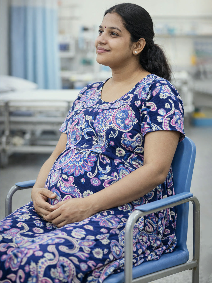 ZIVA Navy Paisley Zipless Maternity & Feeding Dress with Adjustable Tie and Side Pocket