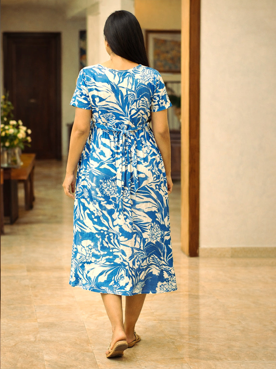 ZIVA Blue Tropical Leaf Zipless Maternity & Feeding Dress with Adjustable Tie and Side Pocket