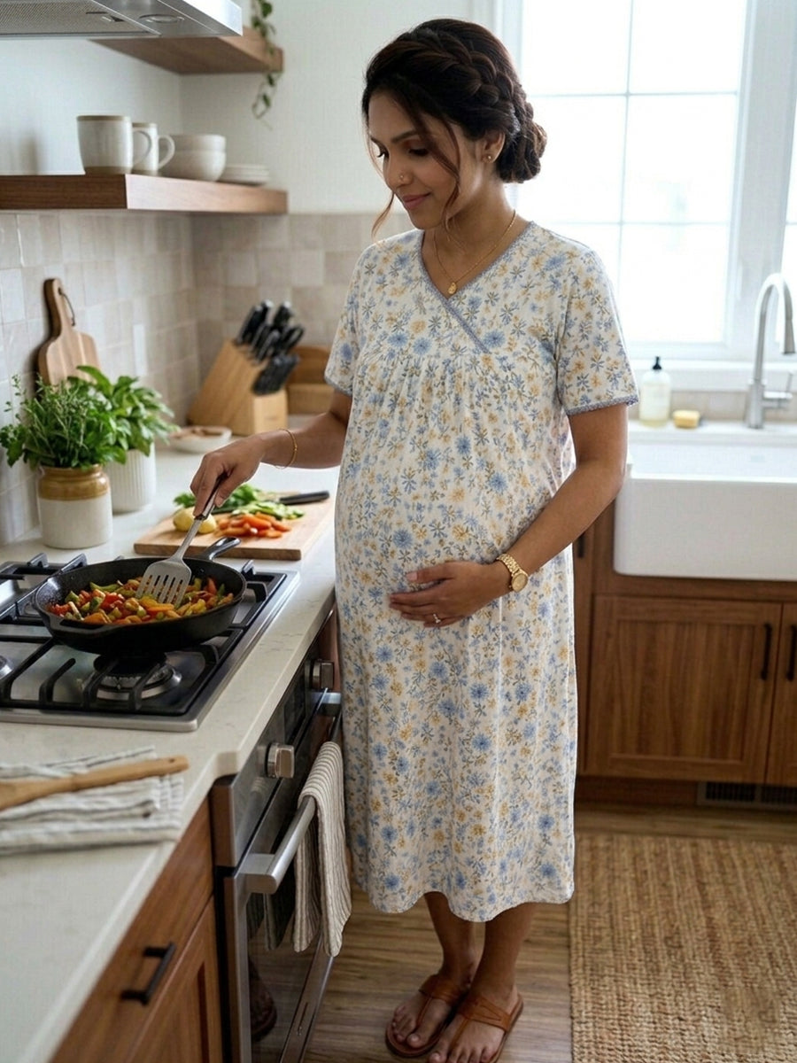 Ziva Cotton Maternity & Feeding Short Nighty with Pocket and Two Side Invisible Feeding Zips  – Blue & Yellow Floral