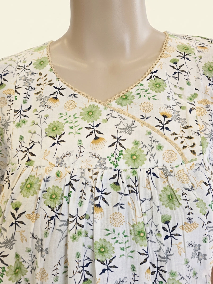 Ziva Cotton Maternity & Feeding Short Nighty with Pocket and Two Side Invisible Feeding Zips  – Light Green & Yellow Floral