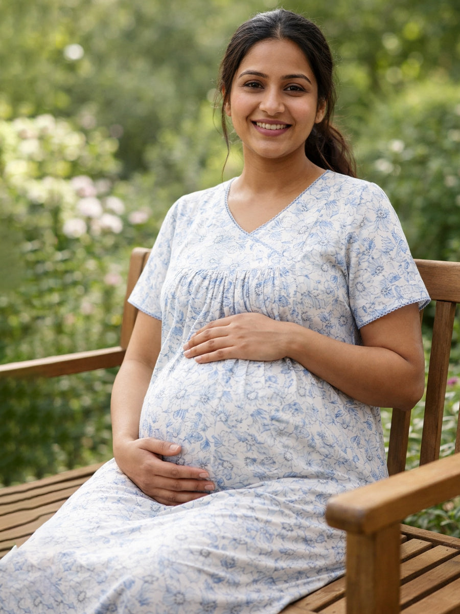 Ziva Cotton Maternity & Feeding Short Nighty with Pocket and Two Side Invisible Feeding Zips  – Light Blue Floral