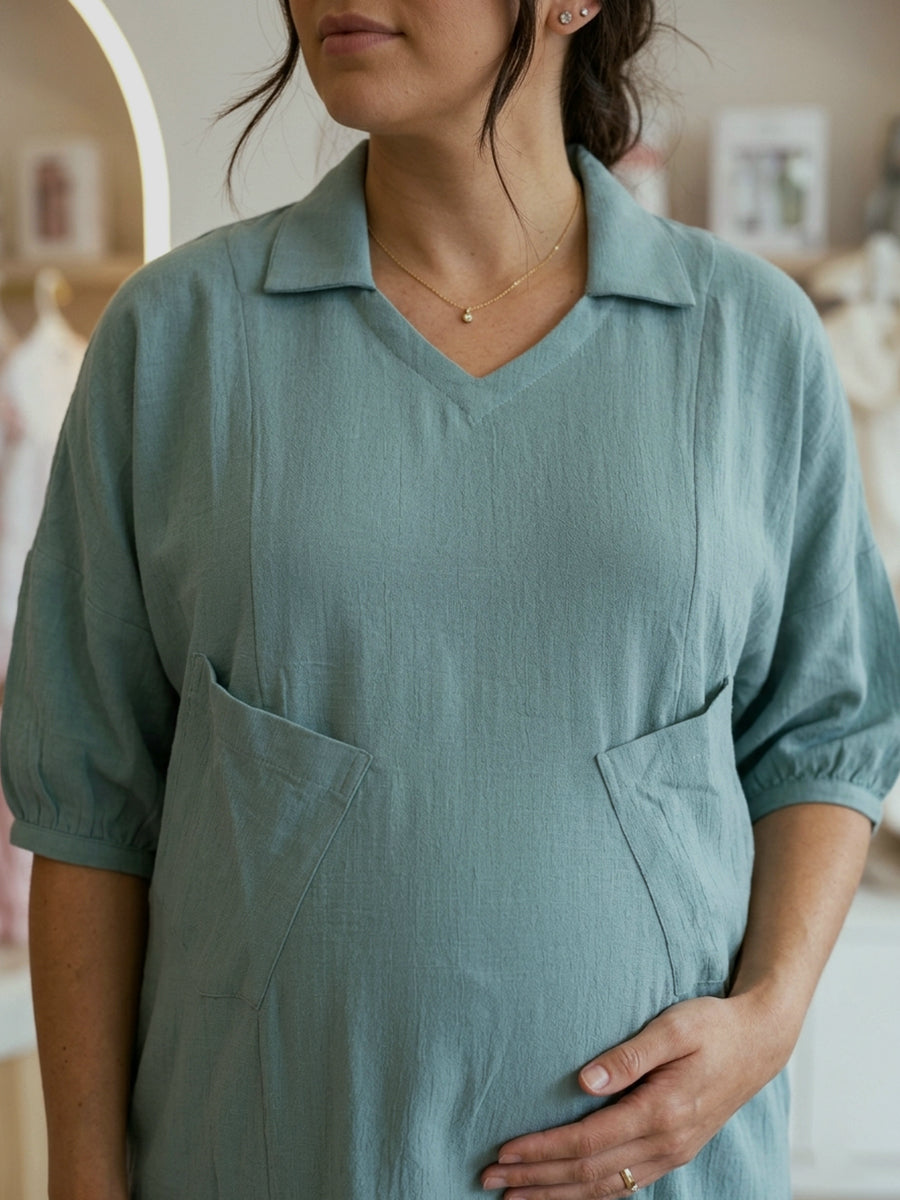 Ziva Maternity & Feeding Co-ord Set – Dull Teal Blue | Invisible Feeding Zips | Wide-Leg Adjustable Pants
