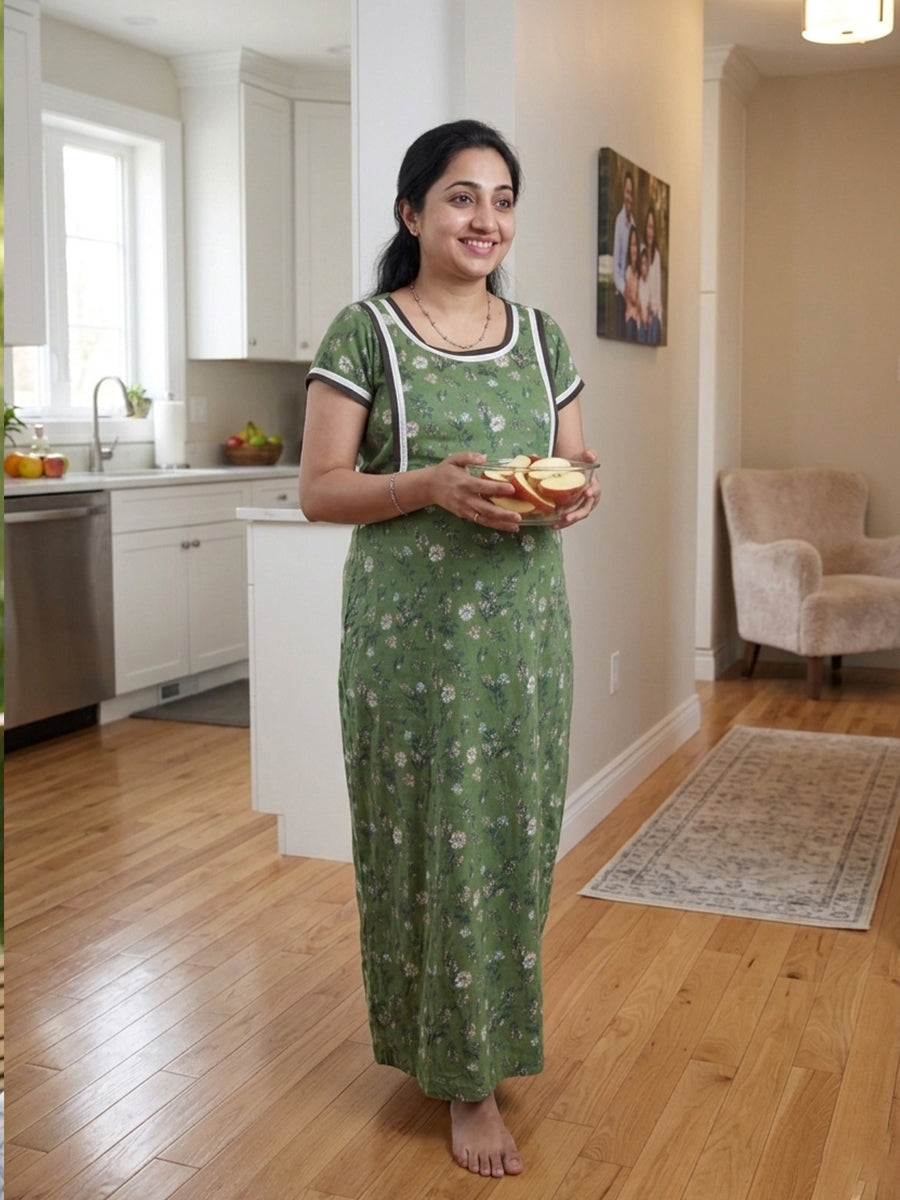 Ziva Maternity & Feeding Full-Length Night Gown – Dark Green Floral | Zipless Feeding | A-Line Comfort | Soft Lace Finish