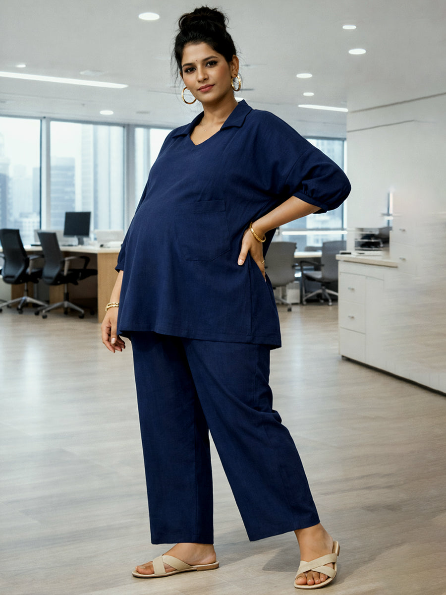 Ziva Maternity & Feeding Co-ord Set with Invisible Nursing Zip & Wide-Leg Adjustable Pant – Navy Blue