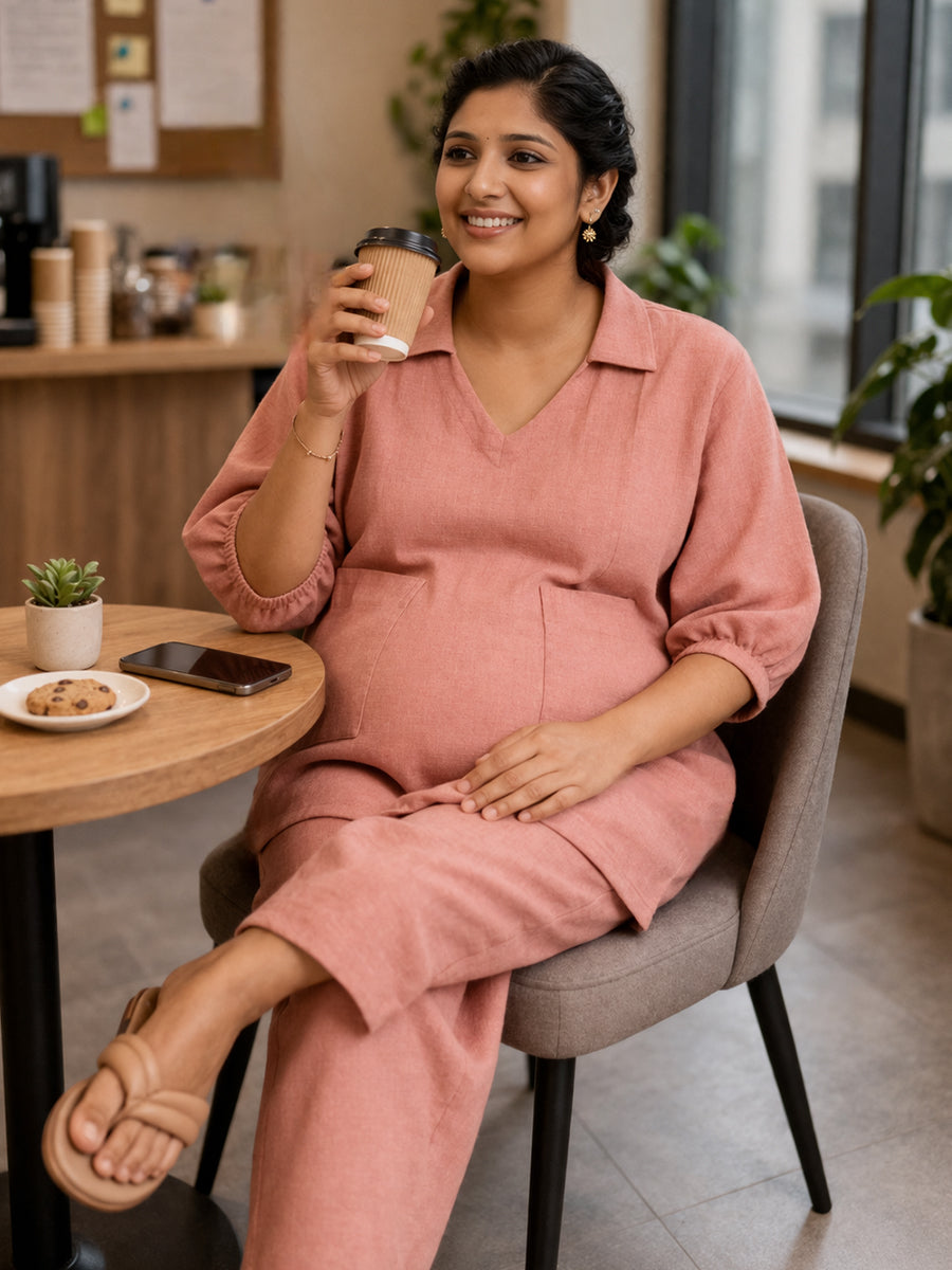 Ziva Maternity & Feeding Co-ord Set with Invisible Nursing Zip & Wide-Leg Adjustable Pant – Peach Pink