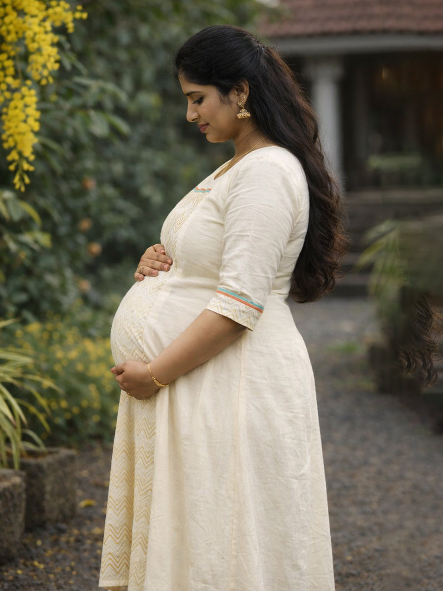 Ziva Maternity & Feeding Cotton Midi Dress with Concealed Zip – Off-White Vishu & Festive Collection