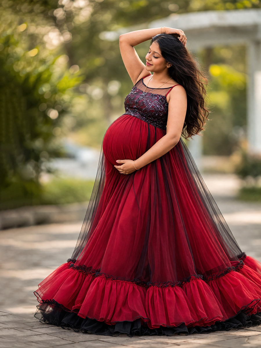 Ziva Maternity Photoshoot & Baby Shower Sequin Trail Gown with Illusion Neck – Deep Wine & Black