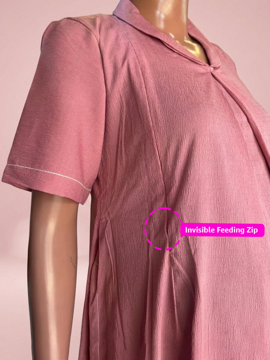 Ziva Maternity & Feeding  A-Line Dress with Zip & Pocket – Faded Pink