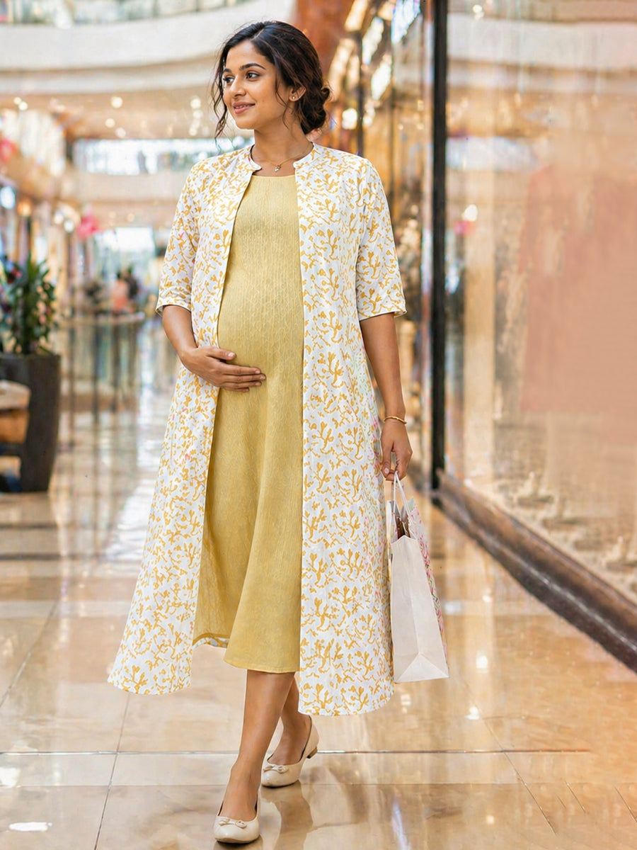 Ziva Maternity & Feeding Dress with Sleeveless Inner & Long Jacket – Yellow & White