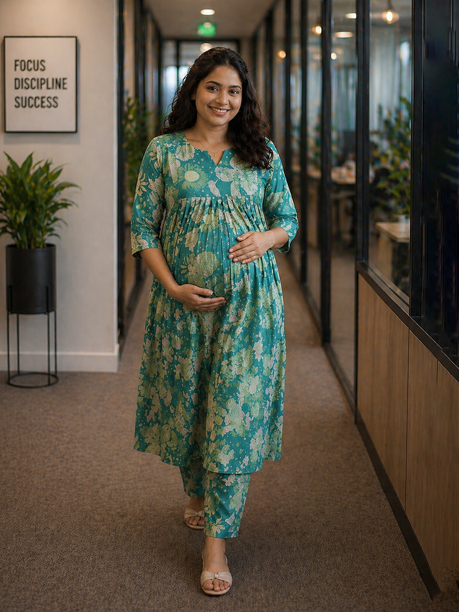 Ziva Maternity & Feeding Ethnic Co-ord Set with Nursing Zip & Wide-Leg Adjustable Pant – Green Floral