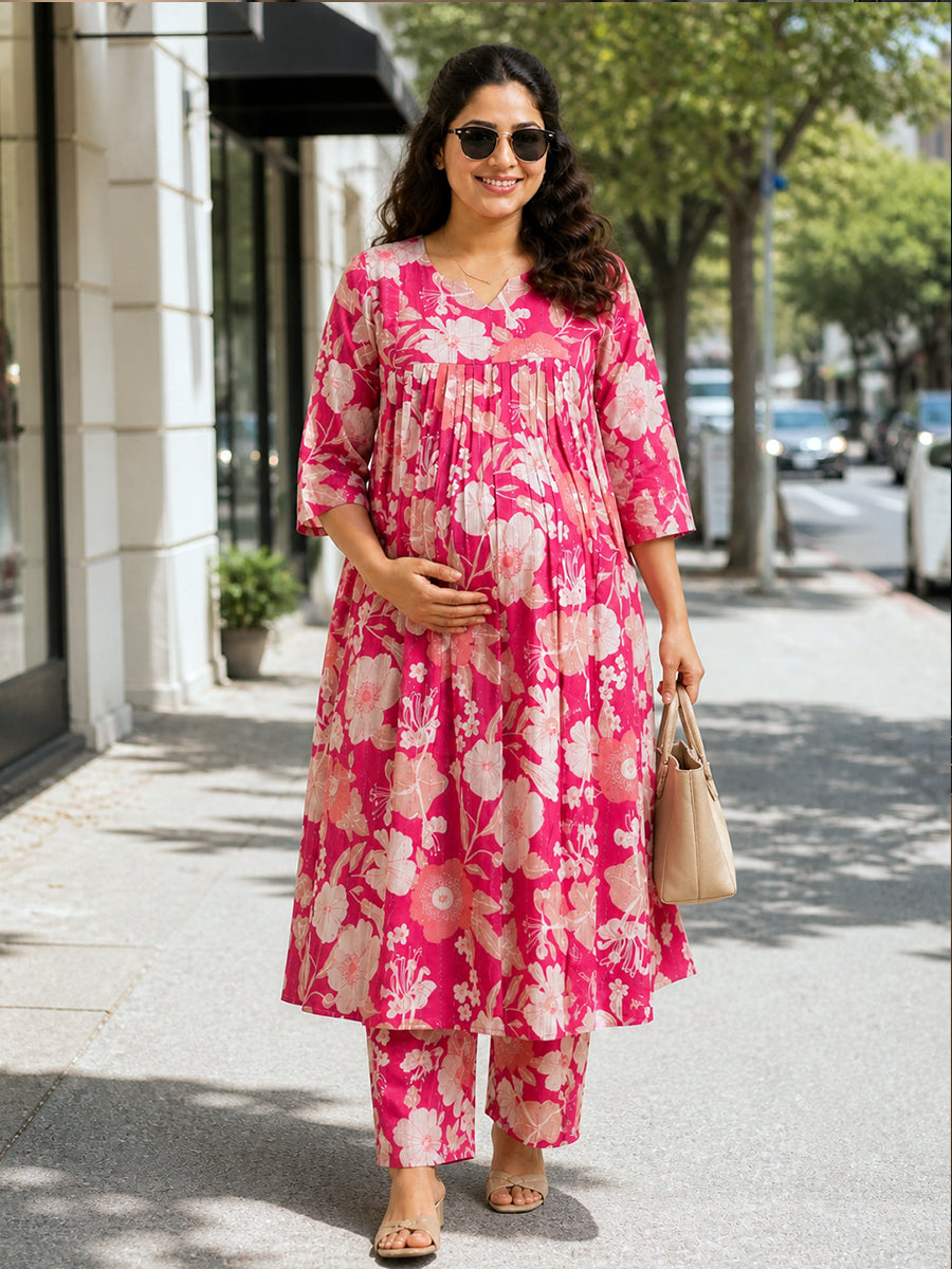 Ziva Maternity & Feeding Ethnic Co-ord Set with Nursing Zip & Wide-Leg Adjustable Pant – Pink Floral