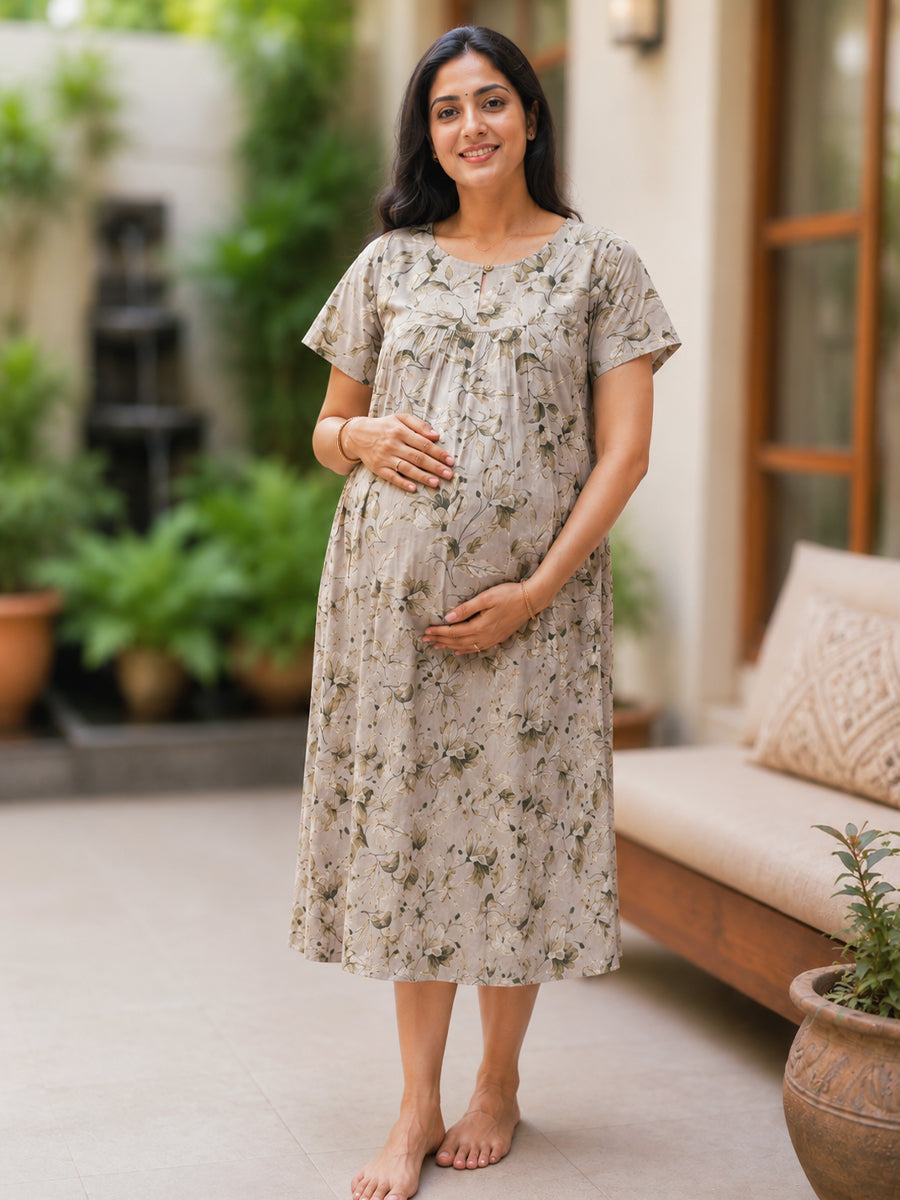 Ziva Maternity & Feeding Cotton Short Nighty with Zip & Pocket – Ash Green Floral